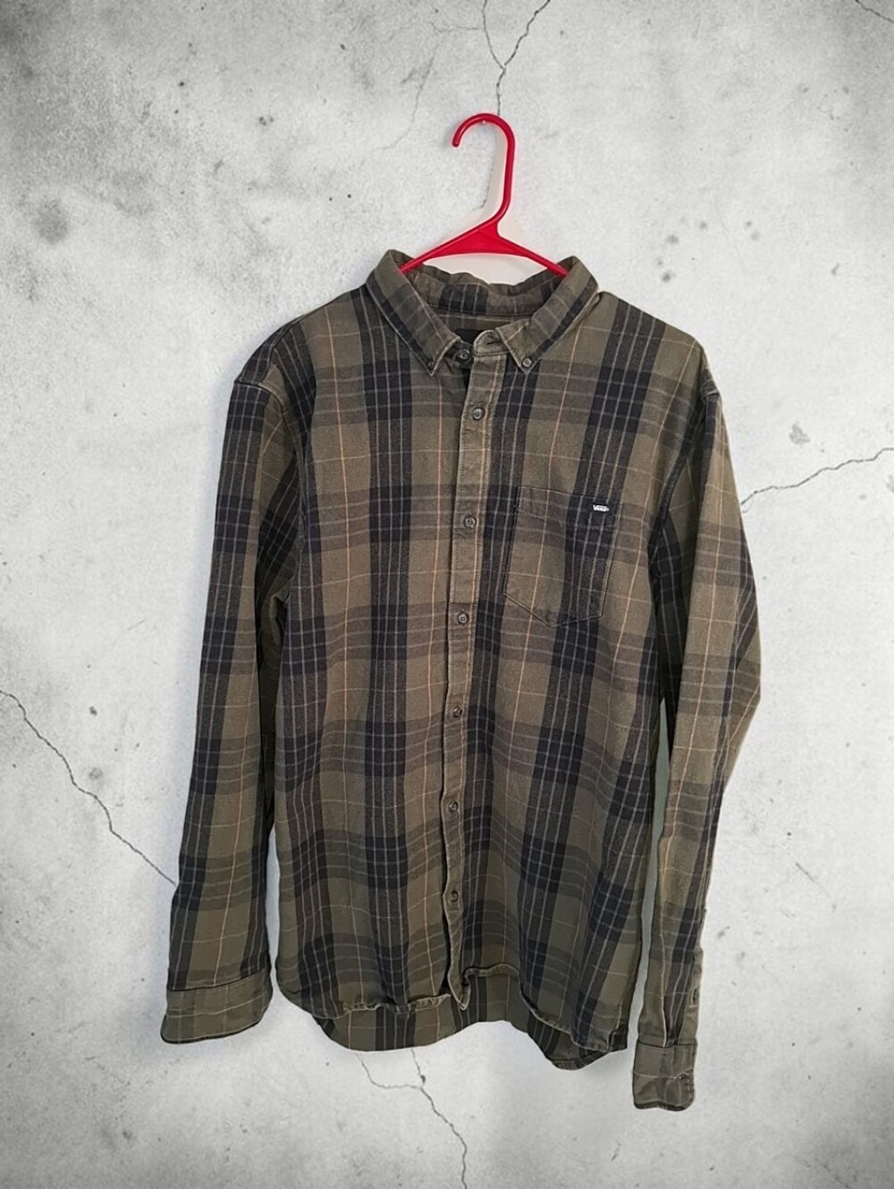 VANS Men's Plaid Long Sleeve Button-Up Shirt Olive Green Size L Regular